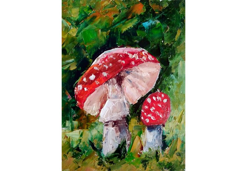 Fly Agaric Original Oil Painting, Mushroom Wall Art, Forest Picture, Nature Art - 海報/掛畫/掛布 - 其他材質 多色