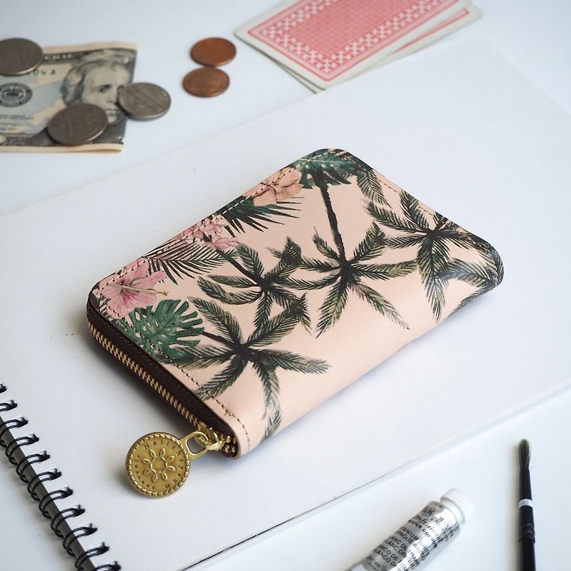 Round zipper compact wallet / tropical palm ILL-1145