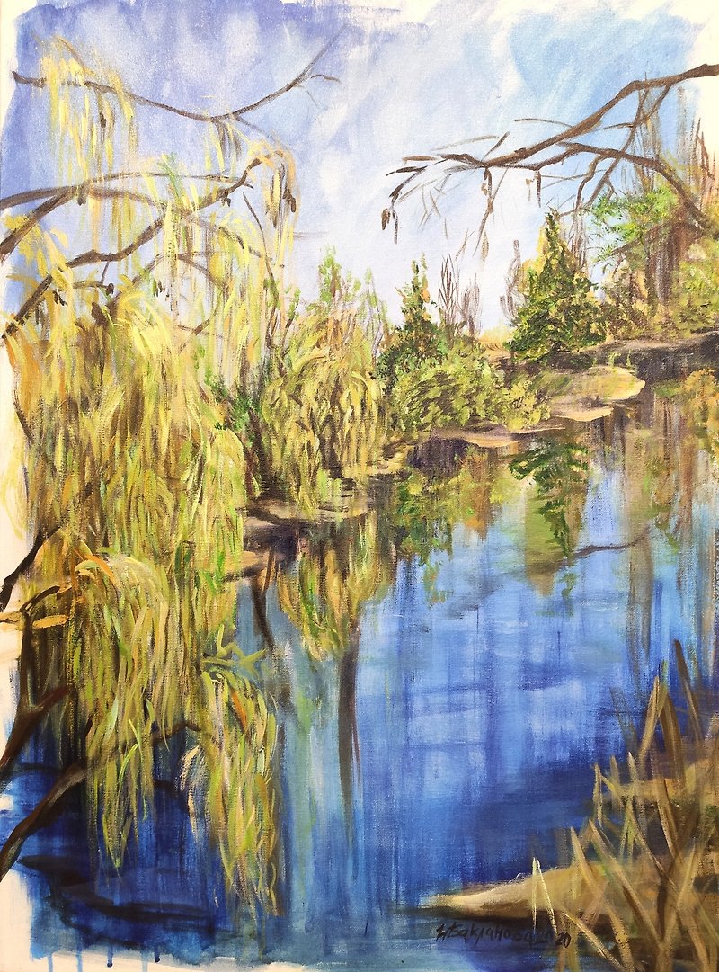 若い柳の緑と静かな春の池 現代の原画 - ウォールデコ・壁紙 - その他の素材 ブルー