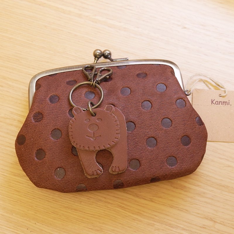Japan Kanmi. Gift Box Set - Happy Dots Series Vintage Mouth Bag + Big Bear Keychain - Coin Purses - Genuine Leather 