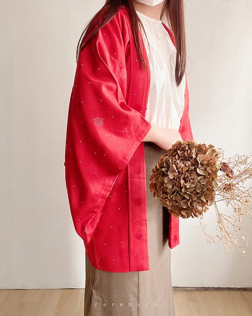 REreburn 日本製和風印花大紅色緞面古著羽織和服外套
