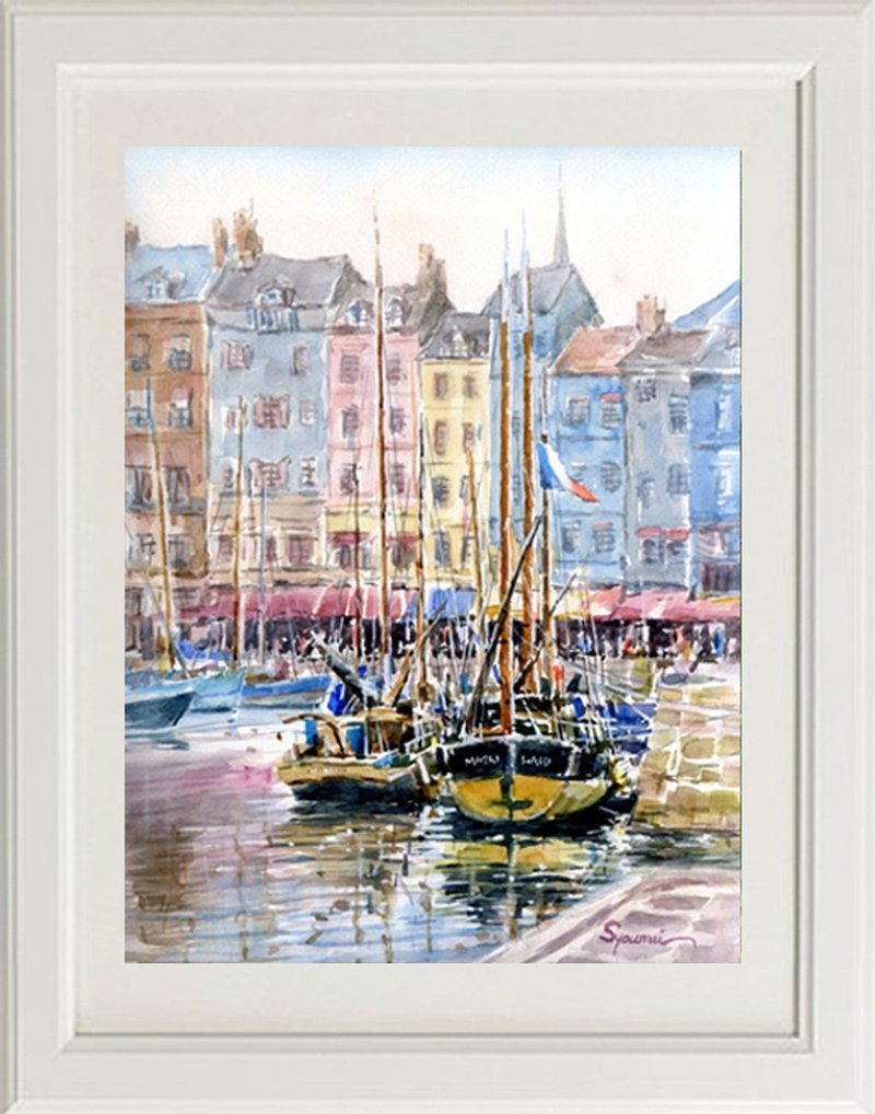 Made to order: Original watercolor painting of the Port of Honfleur - โปสเตอร์ - กระดาษ สีม่วง