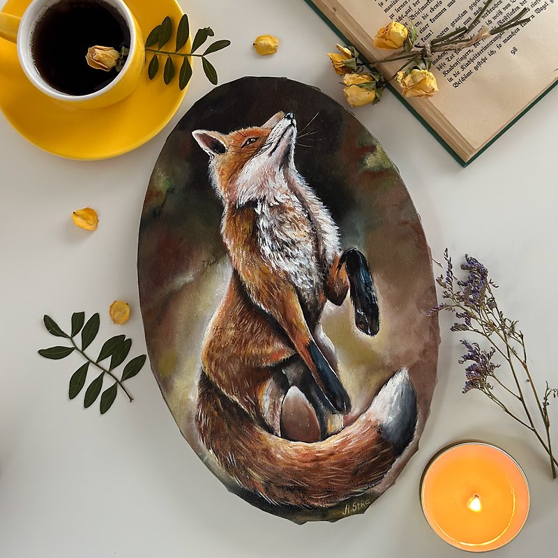 Fox original oval painting, Fox wall art, Home decor Fox poster Woodland animals - ตกแต่งผนัง - ผ้าฝ้าย/ผ้าลินิน หลากหลายสี