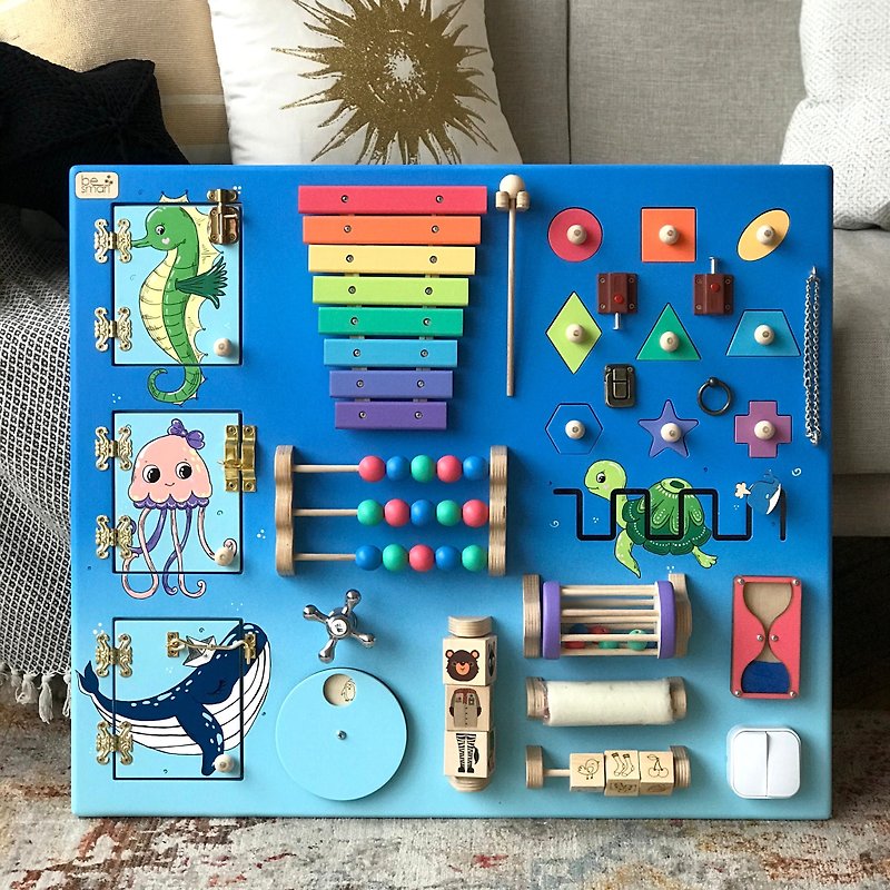 Busy board for toddlers with sea creatures, big size 60x70 activity board - Kids' Toys - Wood Blue