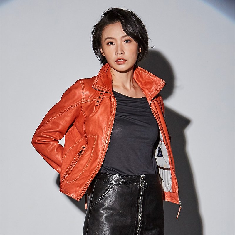 [Germany GIPSY] GWCardie lightweight supermodel lapel leather jacket - Blazing Orange - เสื้อสูท/เสื้อคลุมยาว - หนังแท้ สีส้ม