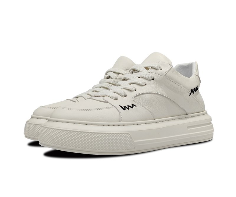Genuine leather lace-up sports platform shoes-592 - รองเท้าวิ่งผู้ชาย - หนังแท้ ขาว