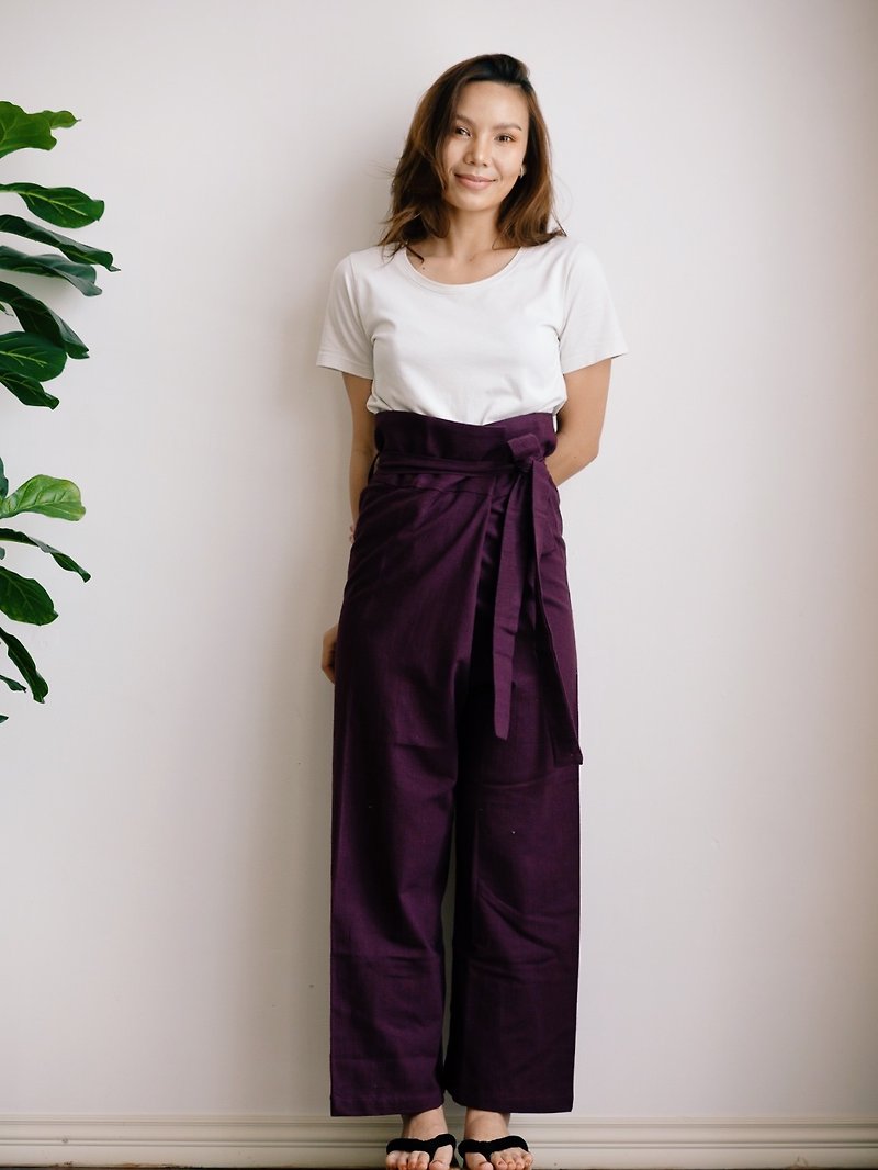 Pahn : Plum Purple Cotton Wrapped Pants - 工裝褲/長褲/牛仔褲 - 棉．麻 紫色
