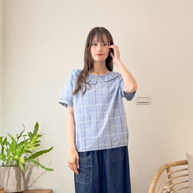 Hana Mokuba plaid ruffled top with elasticated sides - เสื้อผู้หญิง - วัสดุอื่นๆ 