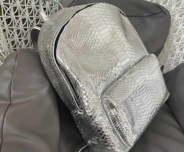 Silver Python Leather Backpack Snakeskin Rucksack Laptop Bag Hand