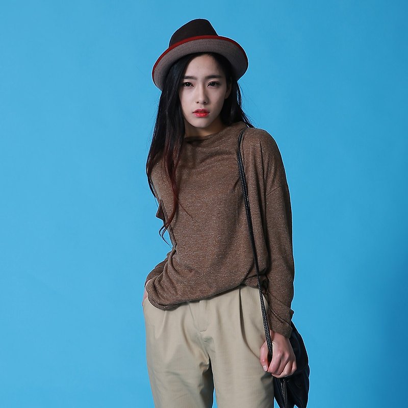 Annie Chen simple loose T-shirt female stand collar brown - เสื้อยืดผู้หญิง - ผ้าฝ้าย/ผ้าลินิน สีนำ้ตาล