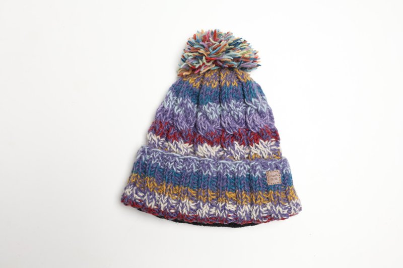 Magenta Pom-Pom Hat with Cuffed Brim, Pure Wool Hand-Knitted, Fully Lined, Windproof | Secret Santa Gift | Christmas - หมวก - ขนแกะ สีม่วง