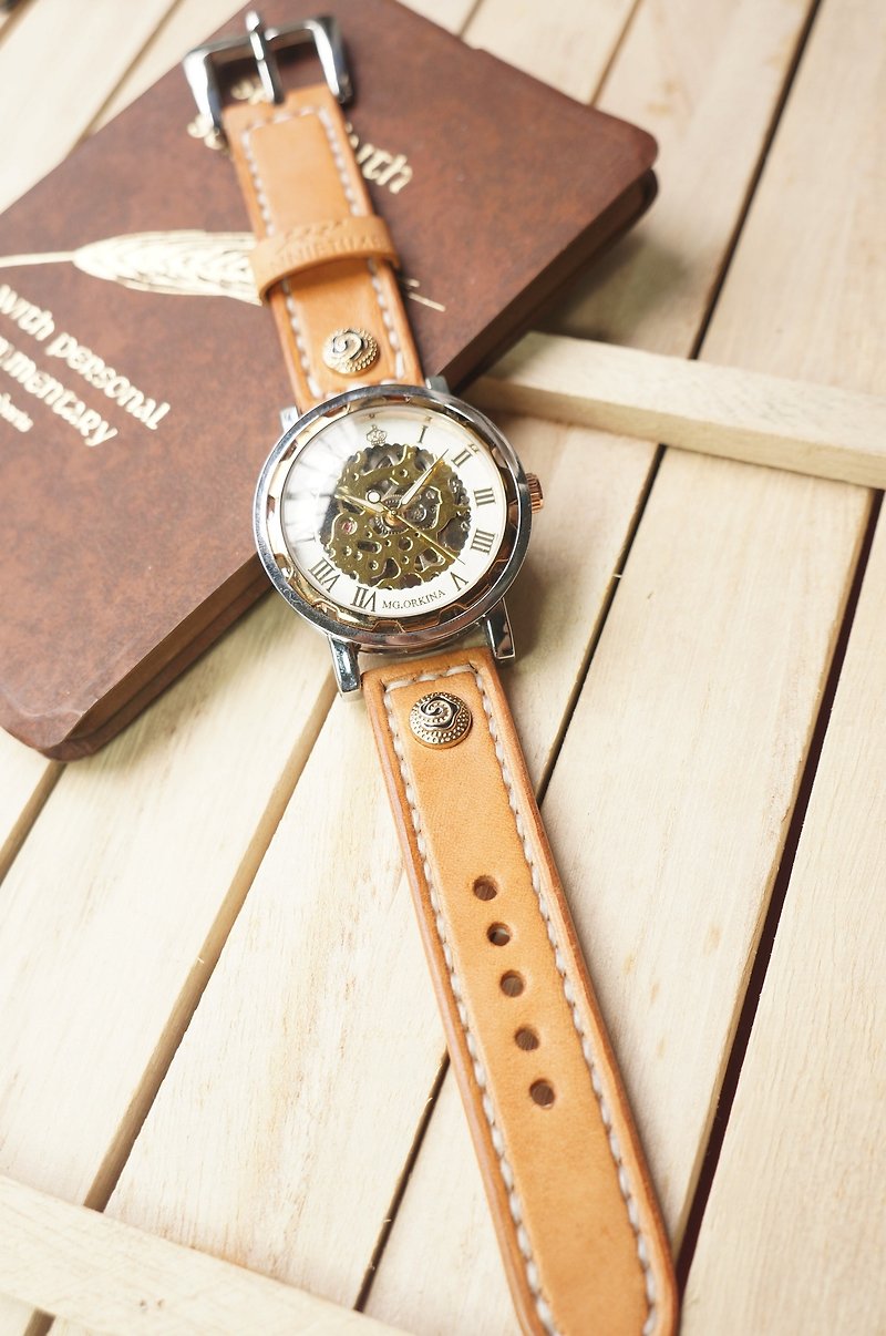 AT-ハンドメイド-オリジナルカラーの植物性なめしレザーハンドメイドストラップ、ゴールドの自動巻き時計ヘッド（名前と装飾バックルが刻印されています）の独占注文-