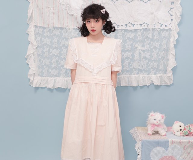 アンティークガーリーネイビーネックレースピンクドレス