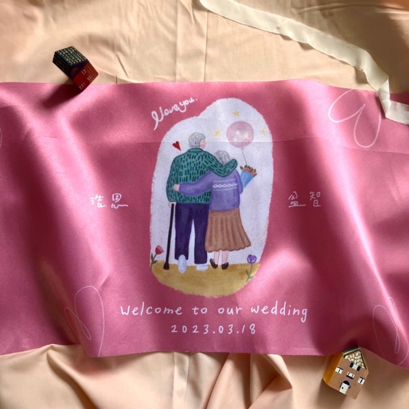 [Customized] Hand in hand to old signature silk canvas cute illustration wedding decoration wedding anniversary - Marriage Contracts - Other Man-Made Fibers Pink