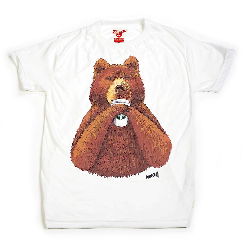 Brown bear drink coffee unisex men woman cotton mix Chapter One T-shirt - T 恤 - 棉．麻 白色