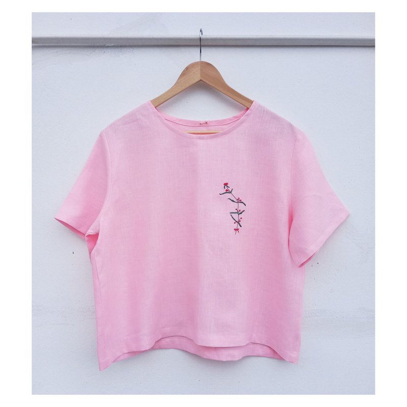 Round Neck Linen Shirt - Pink - 女上衣/長袖上衣 - 棉．麻 粉紅色