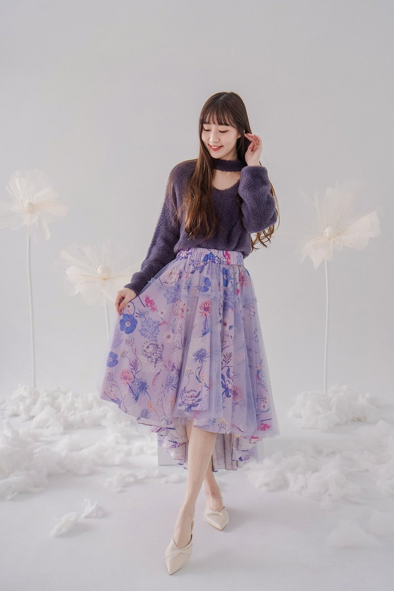 [Boli Printing] The Runaway Princess is short in the front and long in the back, double-layer gauze long skirt, modal cotton, Queen Purple - Skirts - Cotton & Hemp Purple