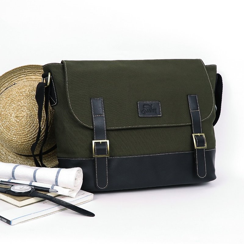 double-belt messenger – olive green - กระเป๋าแมสเซนเจอร์ - กระดาษ สีเขียว