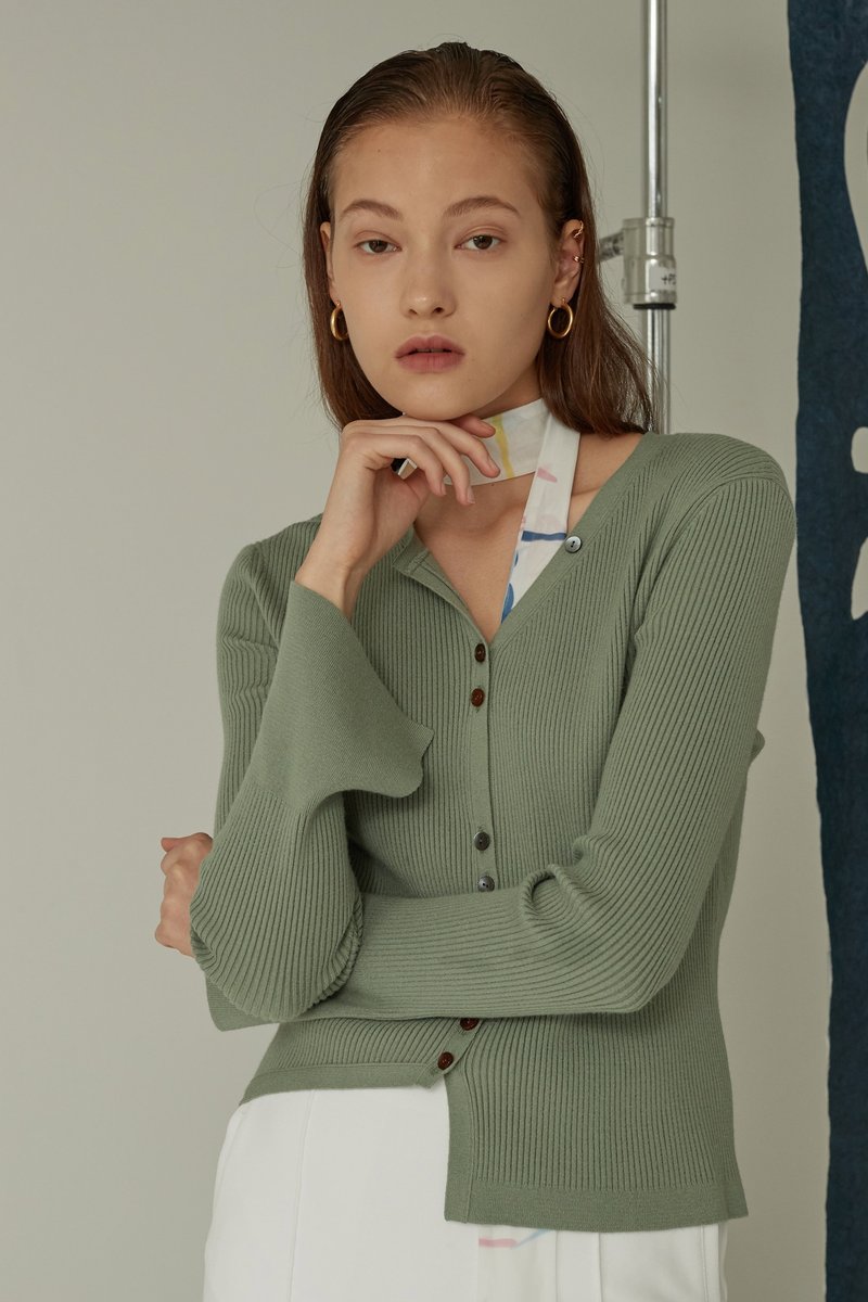 Asymmetry Short Cardigan / Mint Khaki - Women's Sweaters - Wool Green