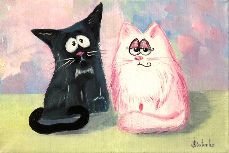 Cats Painting Original Art Cat Couple Artwork Animal Wall Art Pets Oil Painting - 海報/掛畫/掛布 - 其他材質 粉紅色
