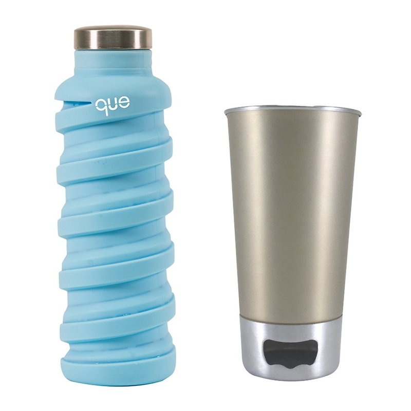 Que Environmental Retractable Water Bottle / Blue / 600ml + asobu Opened Beer Bottle / 304 Stainless Steel / Champagne Gold / 480ml - กระติกน้ำ - ซิลิคอน สีน้ำเงิน