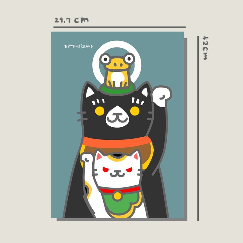 Original A3 poster/three stacks of lucky cats_frog black cat/original design/cat/A3 poster/decorative painting/ - Posters - Paper 