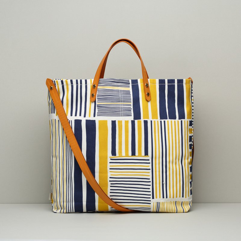 聯名皮革大方包/鐵皮屋/黃藍 - 側背包/斜背包 - 棉．麻 藍色