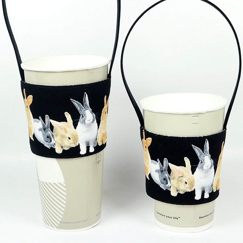 [Limited] Beverage Cup Set Green Cup Holder Bag - Rabbit Family (Black) - ถุงใส่กระติกนำ้ - ผ้าฝ้าย/ผ้าลินิน สีดำ