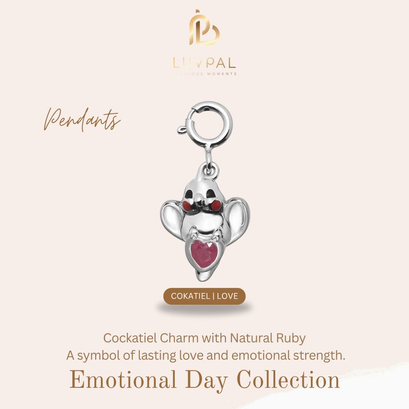 Luvpal | Cockatiel Pendant in 925 Sterling Silver with Natural Ruby Heart - 手鍊/手環 - 純銀 