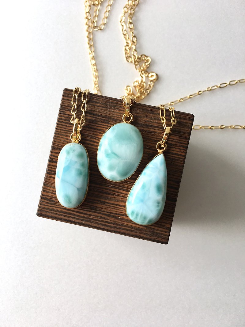 Larimer bezel long necklace brass chain - สร้อยคอยาว - หิน สีน้ำเงิน
