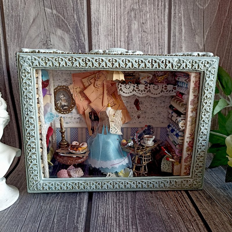 Miniature Sewing Room,Wallshelf shadowbox,OOAK,Fabric Shoppe,Dressmakers Nook - Pen & Pencil Holders - Wood Silver