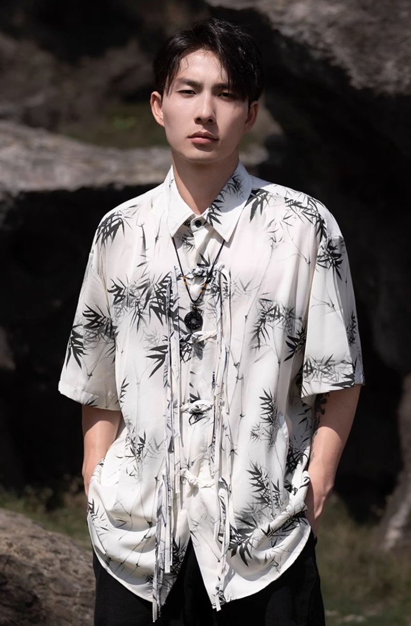 New Chinese retro bamboo leaf button short-sleeved shirt - Men's Shirts - Other Materials White