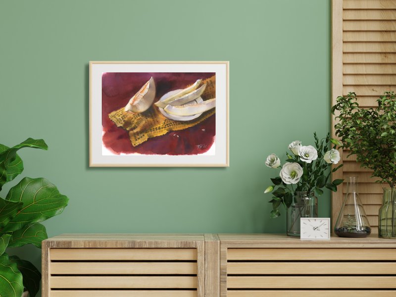 Still life with melon unique watercolor poster by artist Irina Zhunaeva - โปสเตอร์ - กระดาษ หลากหลายสี