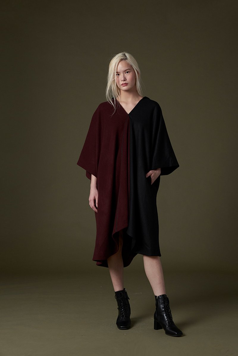 Off-season sale 黑紅毛料帽子洋裝外套 - 女大衣/外套 - 羊毛 紅色