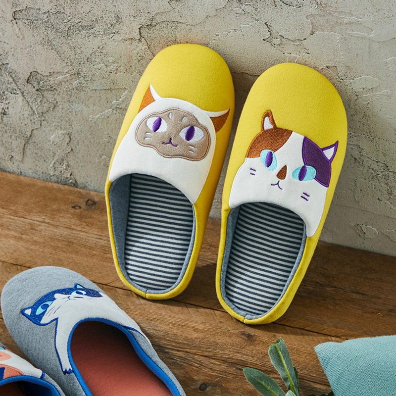 Mustard meow indoor warm cat men and women slippers cute cat lovers wooden floor machine washable slippers - Indoor Slippers - Cotton & Hemp Yellow