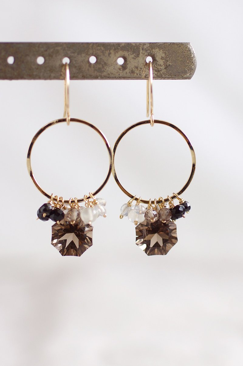 14kgf-Smoky Quartz Eight-Pointed Star Earrings - ต่างหู - เครื่องประดับพลอย สีนำ้ตาล