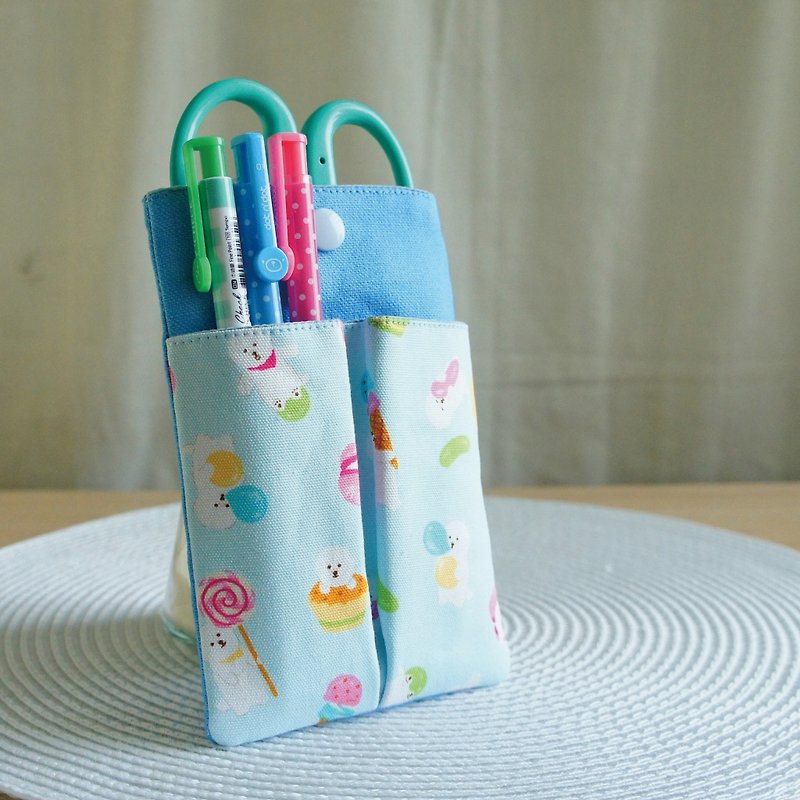 Lovely Japanese cloth [Bichon Frise double-layered pocket pencil case] Blue - Pencil Cases - Cotton & Hemp Blue