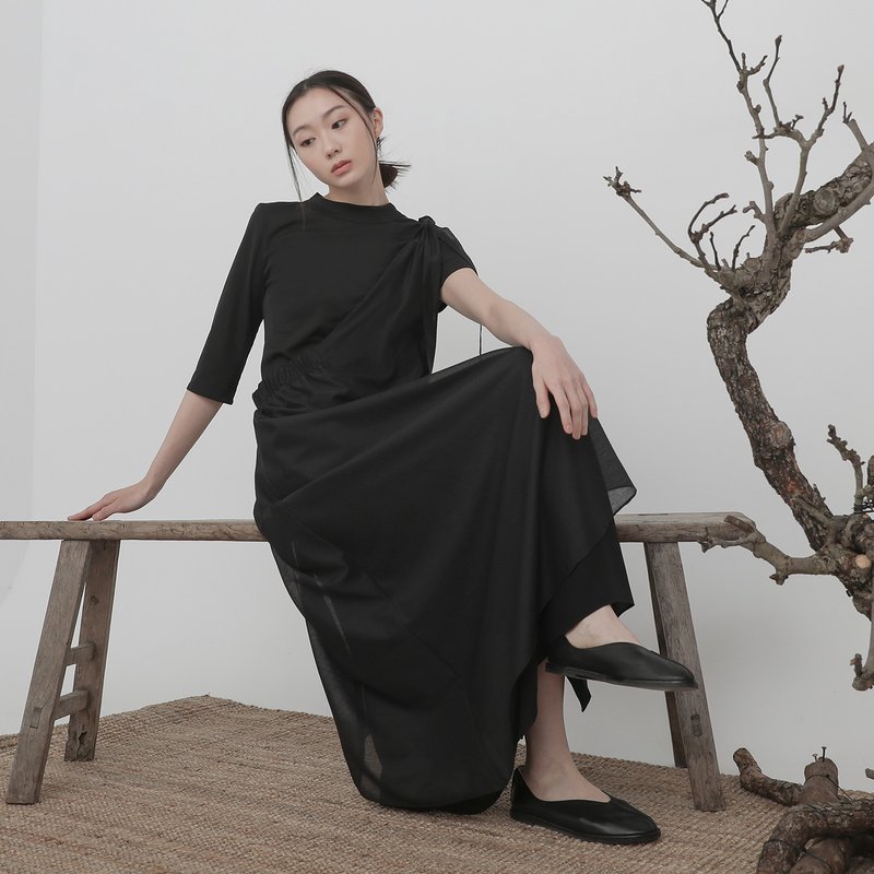 台北時裝週限定款/Liubai_留白・側肩吊帶裙_23SF201_黑 - 洋裝/連身裙 - 聚酯纖維 黑色