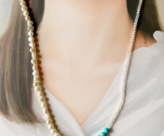 未使用☆淡水パール&トルコ石☆ロングネックレス3連