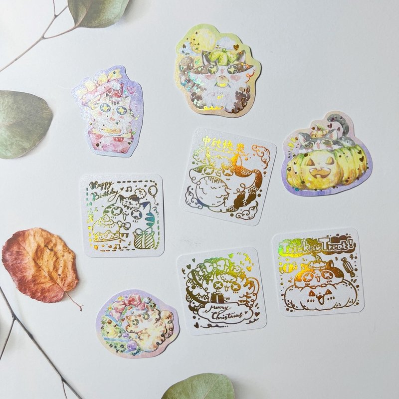 節慶貓咪燙金貼紙包 - 貼紙 - 紙 多色