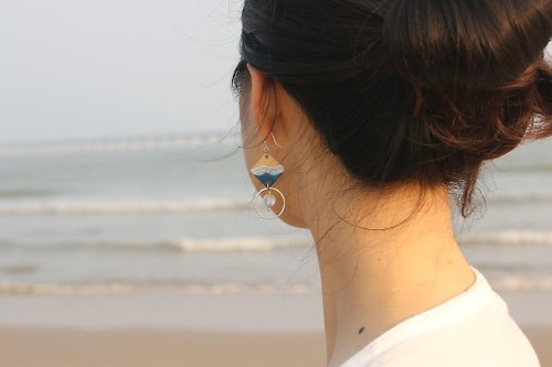 肆仨手作 藍色海洋陶瓷耳環耳夾純銀