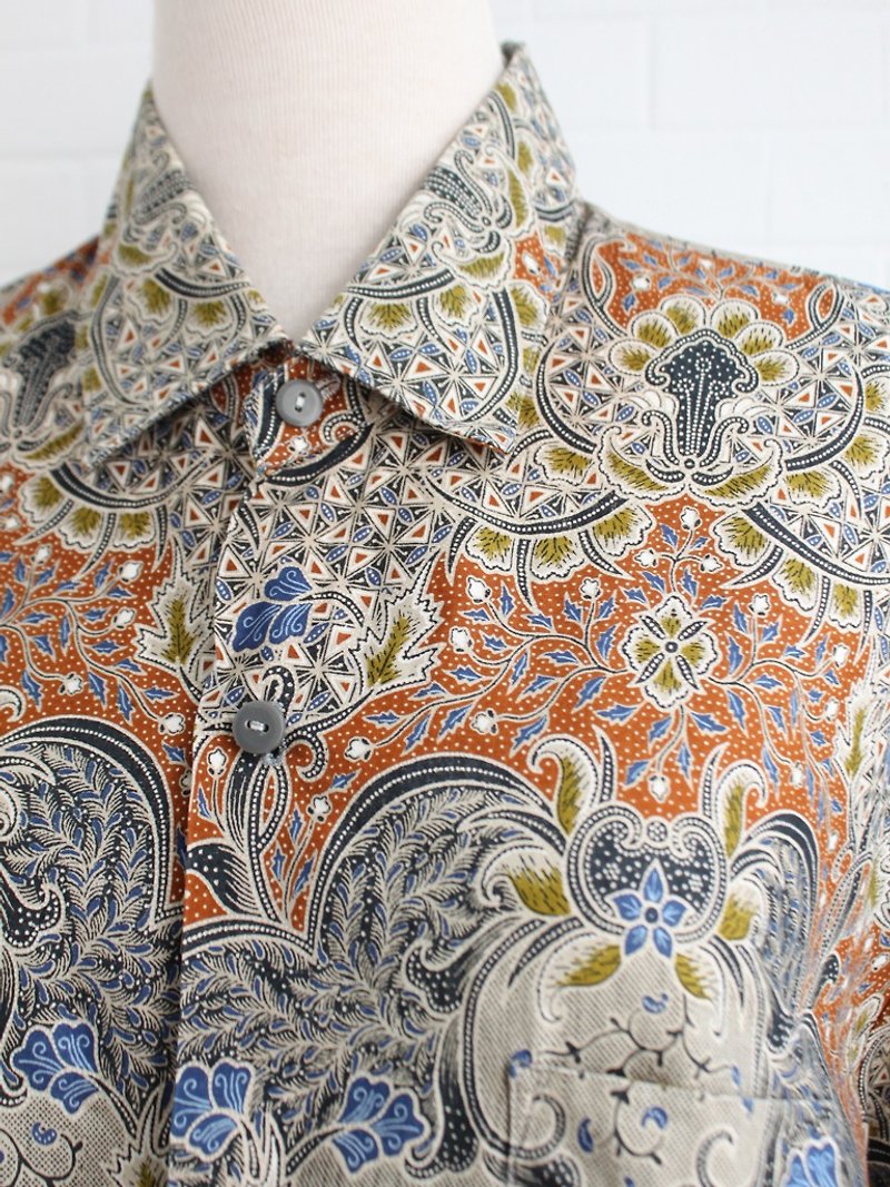 Spring and summer Bali made European 90s geometric print loose unisex short-sleeved cotton green vintage shirt for men and women - เสื้อเชิ้ตผู้ชาย - ผ้าฝ้าย/ผ้าลินิน 