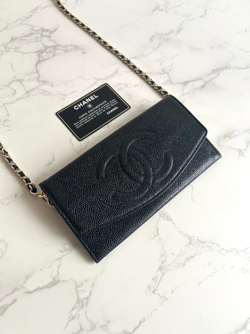LA LUNE Vintage 日本鑑證古董品選物店 中古二手Chanel黑色魚子醬皮革WOC單肩包側背斜孭小包手拿袋長夾