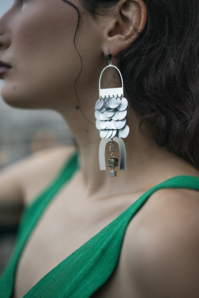 Silver geometric earrings, Extra long silver earrings, Pyrite stone