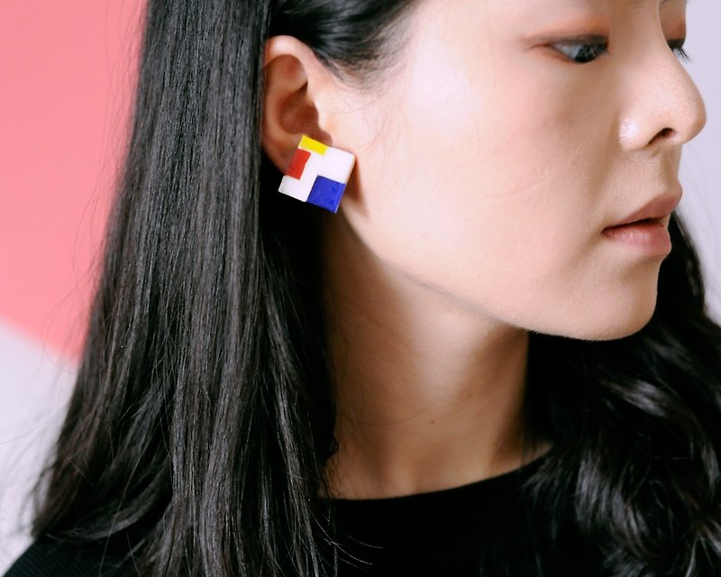 Mondrian Red Yellow Blue Series Stained Glass Mosaic Earrings / Ear Clips Handmade Geometric Patterns - ต่างหู - แก้ว 