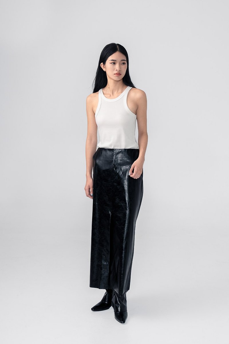 Low-Waisted Soft Leather Long Skirt - Skirts - Polyester Black