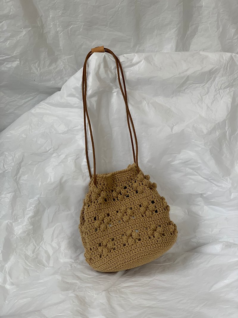Tree & Fruits small bean drawstring bag woven bag leather strap - Drawstring Bags - Cotton & Hemp Brown
