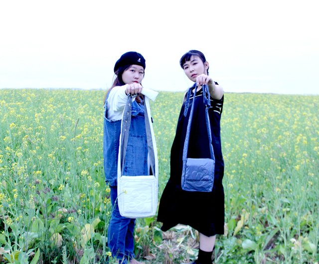 Hand sewn flowery pearlescent square bag blue and white Shop ouO Messenger Bags Sling Bags Pinkoi