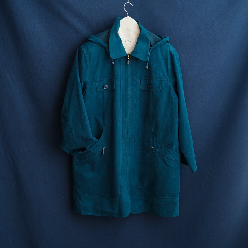 Blue green long suede style jacket retro vintage - Women's Casual & Functional Jackets - Other Materials Blue