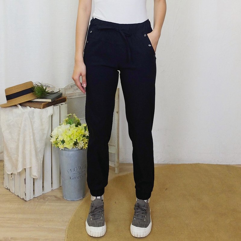 Hana Mokuba lace-up elastic waist casual cuffed trousers - กางเกงขายาว - วัสดุอื่นๆ 